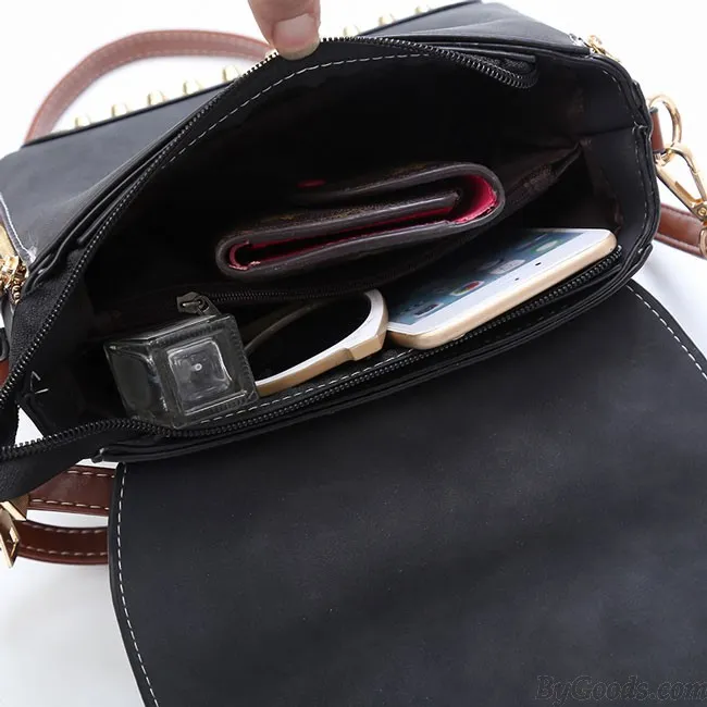 Unique Contrast Color Blocking PU Flap Punk Rivets Frosted Handbag Shoulder Bag